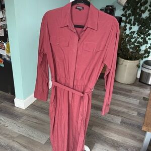 Express Women's Red Utility Button Down Belted Jumpsuit Size Medium